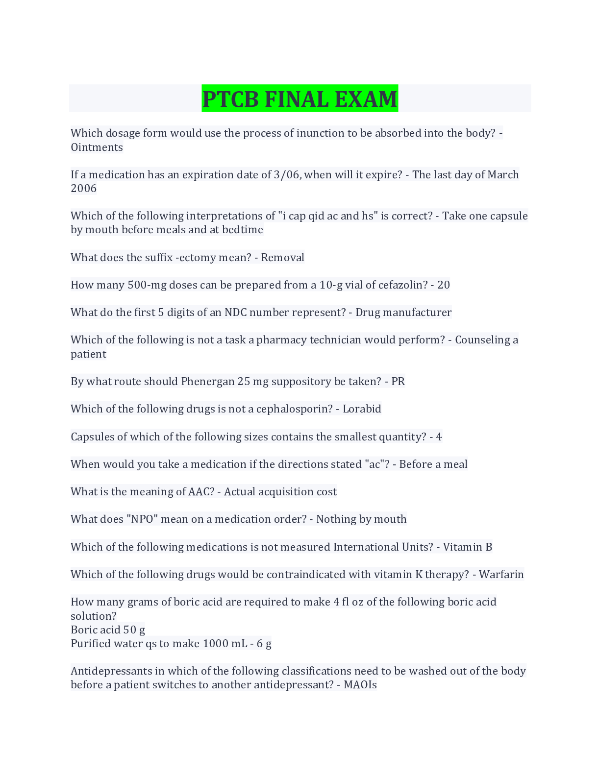 Preview image for PTCB FINAL EXAM QUESTIONS AND ANSWERS LATEST UPDATE 2022.